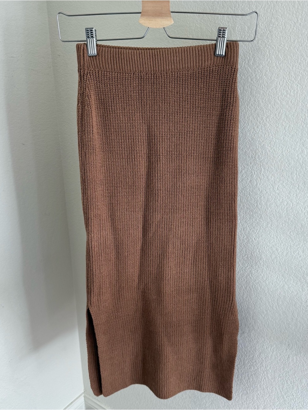Princess Polly brown stretch  knit midi maxi skirt with side slits minimalist